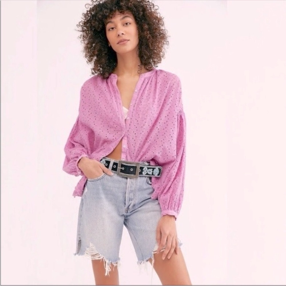 FREE PEOPLE Orchid Maddison Eyelet Flowy Blouse Button Front Collarless Size XS - Picture 13 of 14